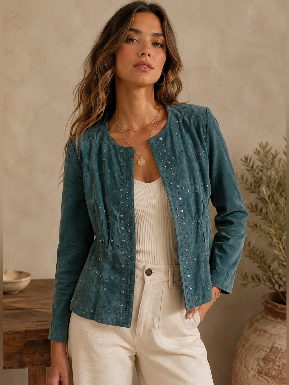 90s Bradley Bayou Teal Suede Leather Jacket
Beaded Front
Size Large
